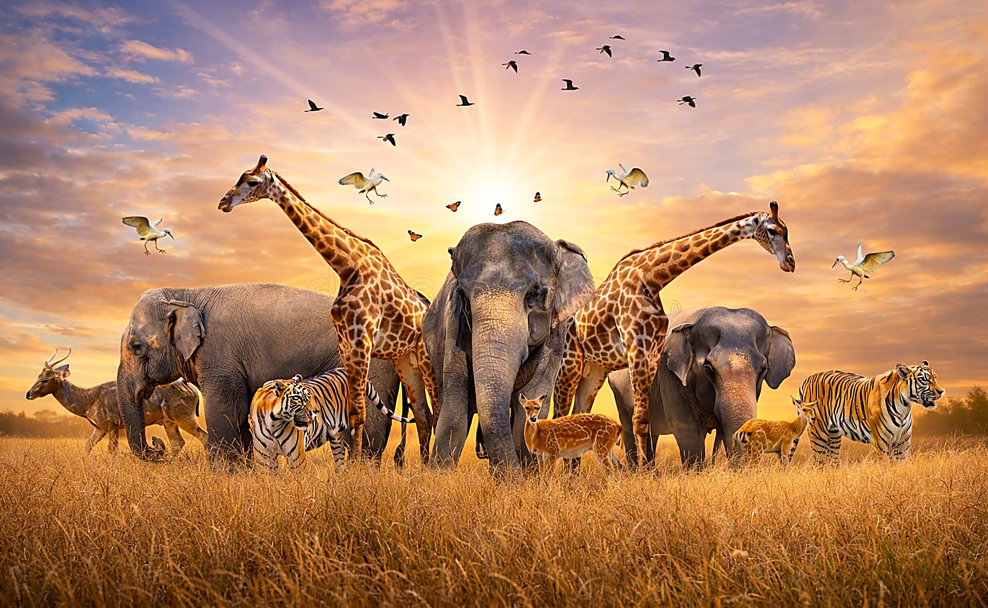 African wildlife gathering at golden sunset - elephants, giraffes, lions and birds on the savanna